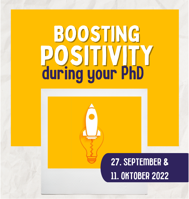 Eine Rackete aus einer Gluhbirne fliegend, auf dem orangen Hintergrung, mit dem Titel "Boosting Positivity during your PhD"