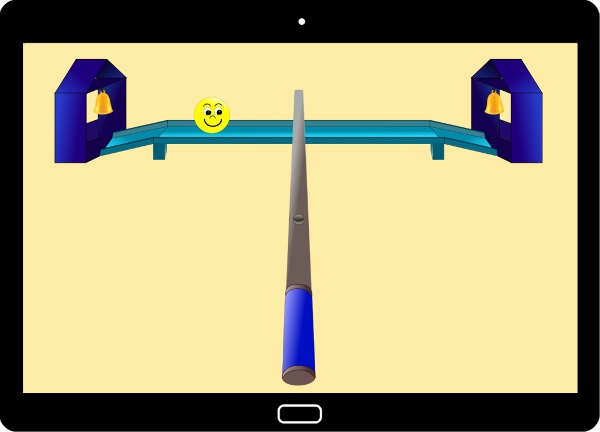 Kinder zwischen 2 und 3 Jahren lernen, einen Hebel in der Realität oder auf dem Bildschirm zu bedienen, und damit eine Kugel auf der Kugelbahn anzustossen.